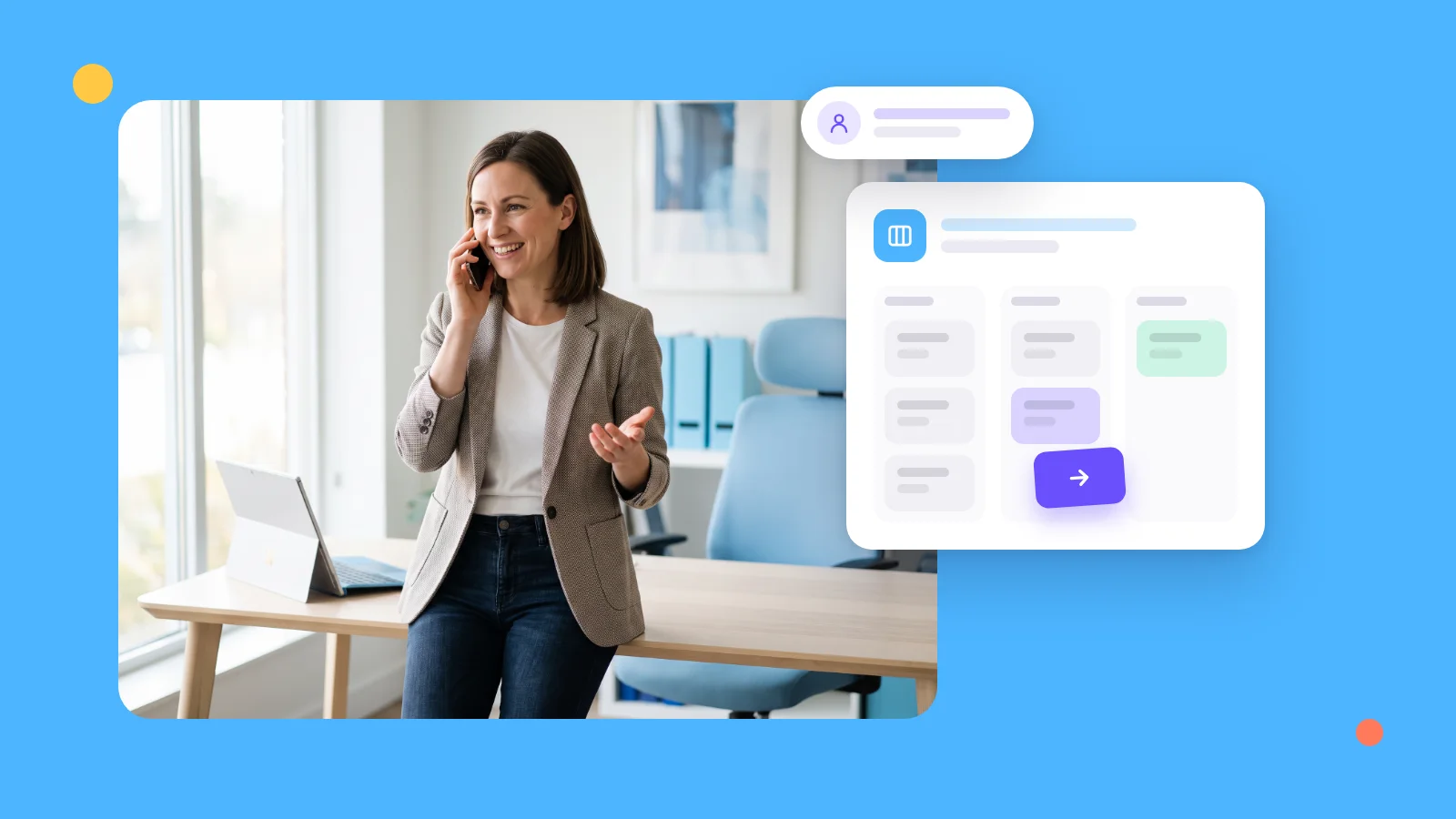 Custom CRM vs off-the-shelf CRM: a saleswoman on the phone next to a sales pipeline with a deal moving forward