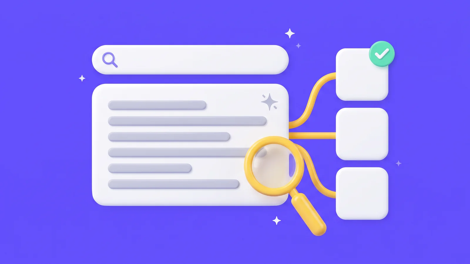 GEO: a search bar and an AI answer linked to source cards, with one cited source ticked