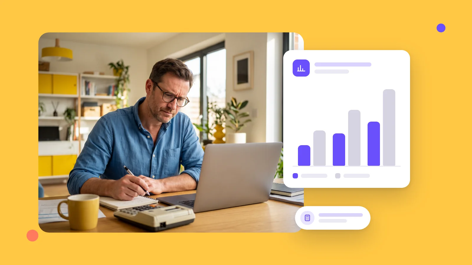 Custom CRM cost: a business owner with a laptop and a calculator, and a chart comparing costs over time