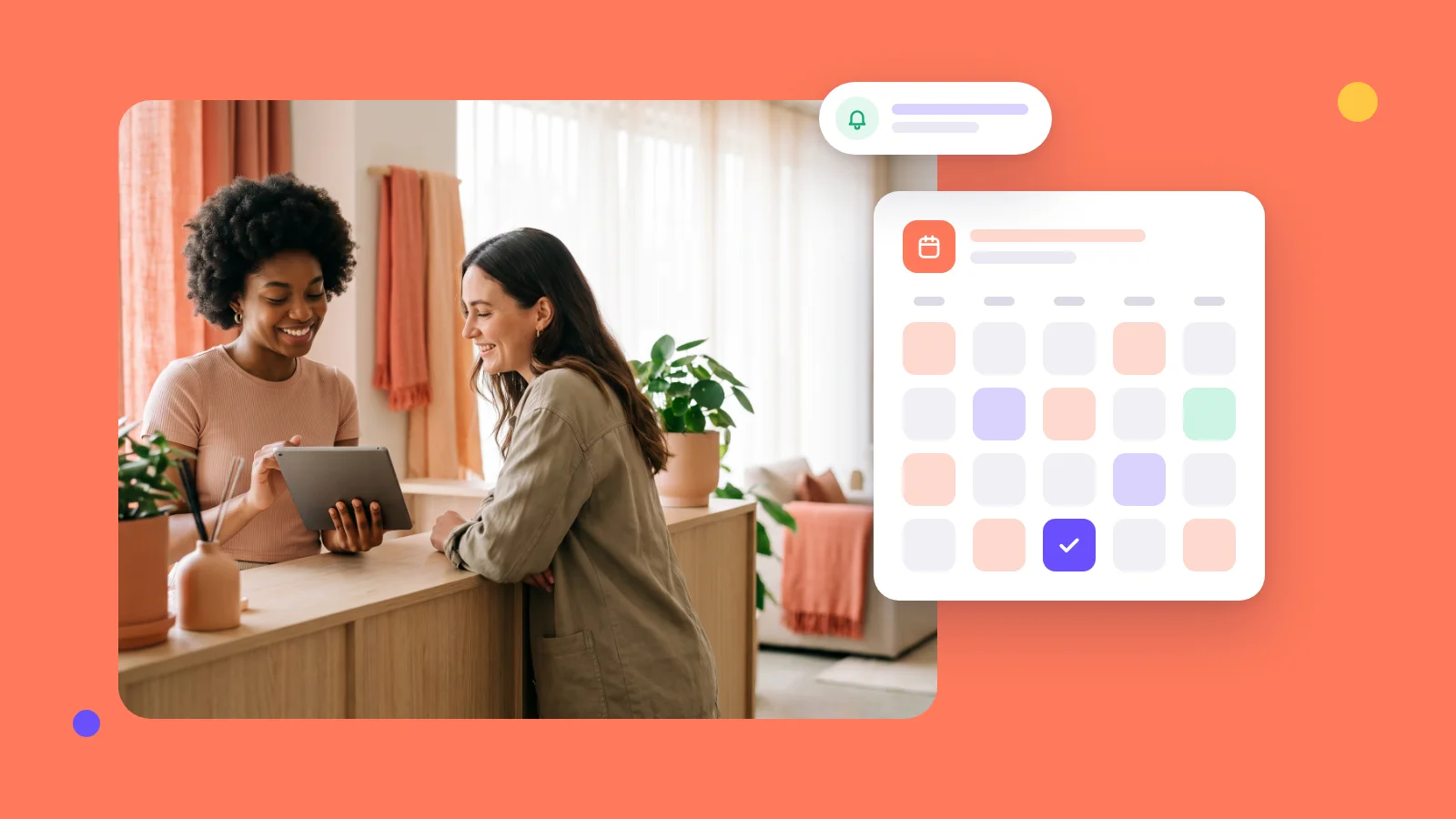 Custom booking system in a salon: a receptionist with a tablet, a client and a calendar with booked slots